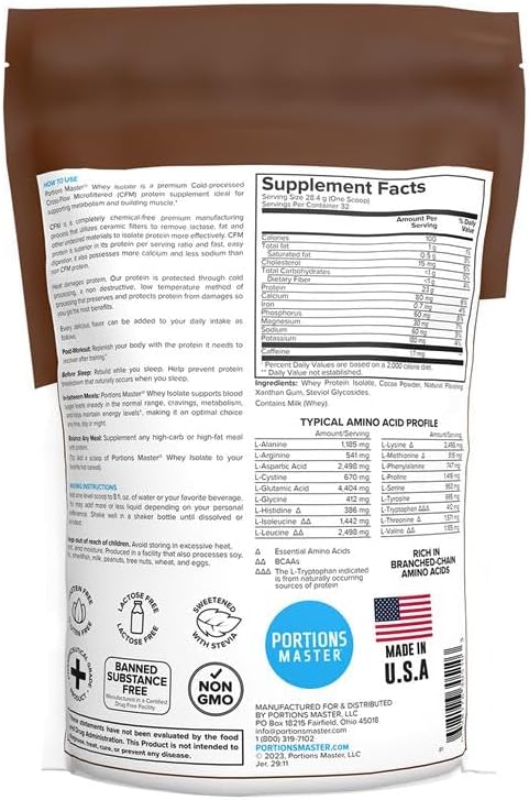 Portions Master CFM Whey Isolate Protein Powder, 2 LB, 23g Low Carb, Low Fat, Cold-Processed, Fast Absorbing, Muscle Growth & Recovery Support (Chocolate Brownie)