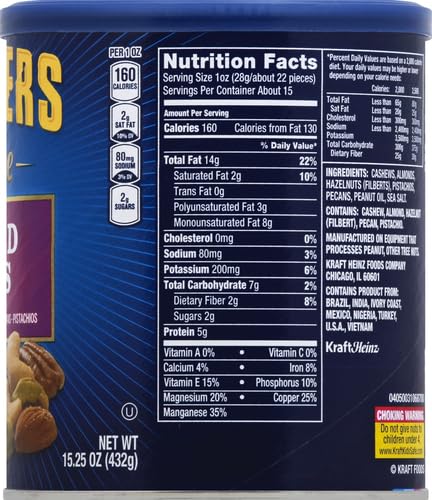 PLANTERS Deluxe Mixed Nuts - Roasted Cashews, Almonds, Brazil Nuts, Pistachios, and Pecans, Plant-Based Protein, Quick Snack, 15.25oz Canister (Pack of 4)
