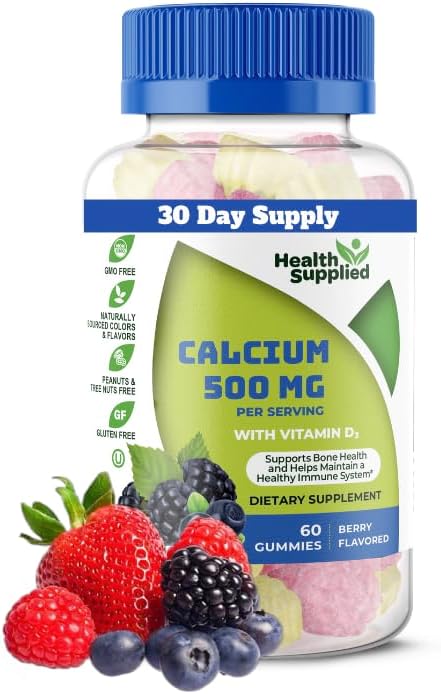 Health Supplied Calcium 500mg with Vitamin D3 1000 IU Gummies | Daily Dietary Supplement | Bone Strength, Growth, Teeth | for Adults, Teens, Kids | Great Tasting Natural Berry Flavor Vitamin Gummy