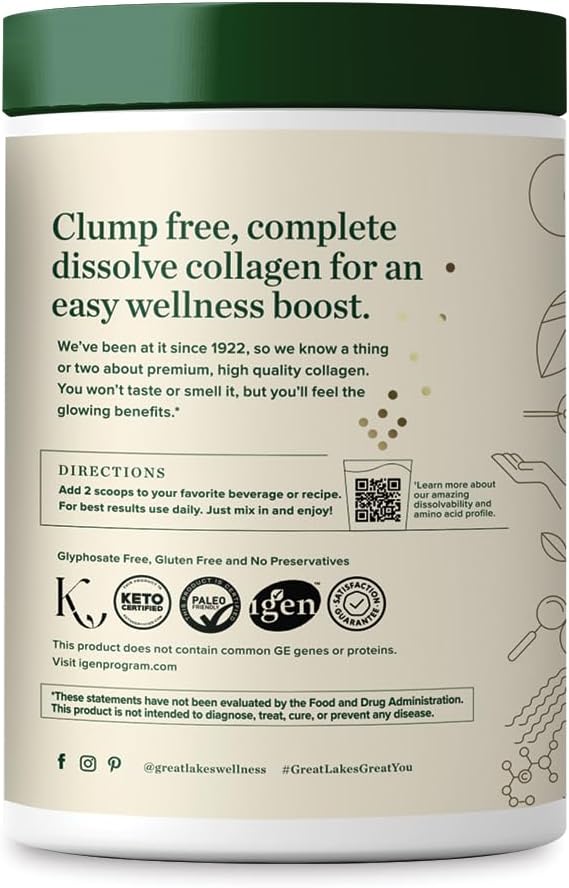 Great Lakes Wellness Collagen Peptides Powder – Supports Skin, Hair, Nails, Joints & Digestion – Hydrolyzed, Quick Dissolve, Non-GMO, Keto & Kosher – Pure Collagen Protein (20 oz, 28 Servings)