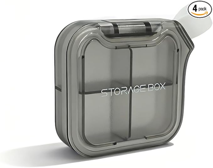Small Stylish Pill Case, Compact Vitamin Box, Portable Travel Pill Dispenser, 4 Compartments Medications & Supplements Organizer (Black)