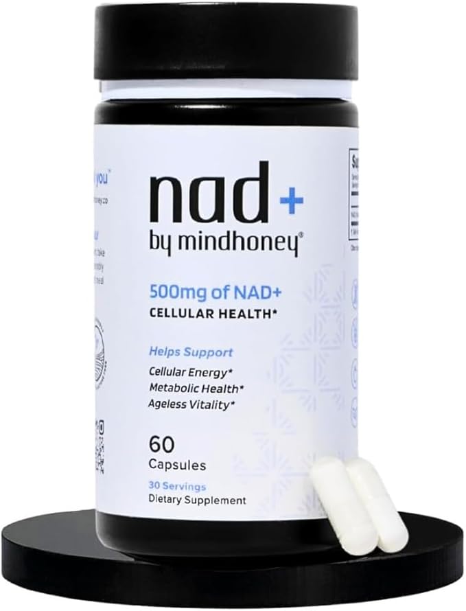 MINDHONEY | NAD+ Brain Supplement | 500mg NAD+ Premium Formula | Healthy Anti-Aging, Cellular Energy, Cognition, Metabolic Health, Heart + Muscle Support | Vegan, Non-GMO, Gluten-Free | 30 Servings