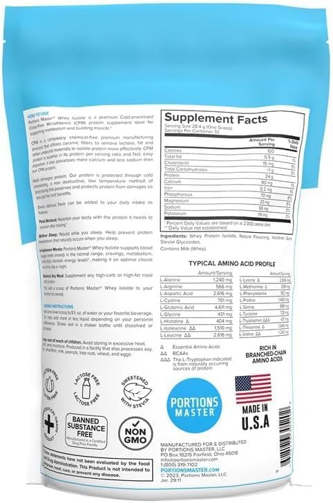 Portions Master CFM Whey Isolate Protein Powder, 2 LB, 23g Low Carb, Low Fat, Cold-Processed, Fast Absorbing, Muscle Growth & Recovery Support (Birthday Cake)