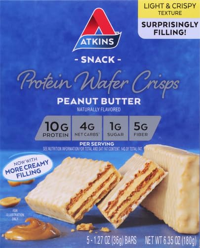 Atkins Peanut Butter Protein Wafer Crisps, Protein Dessert, 4g Net Carb, 1g Sugar, Keto Friendly, 5 Count (Pack of 4)