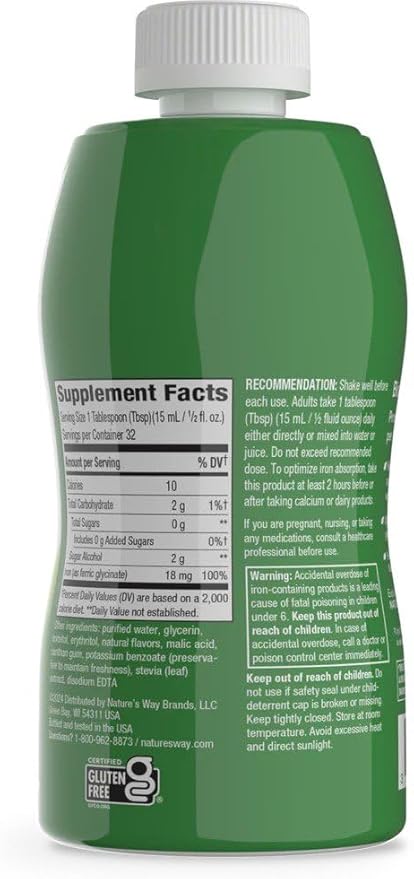 Nature’s Way Liquid Iron Supplement, 18 mg per Serving, Gentle Glycinate Iron, Fast-Absorbing Liquid, Iron for Red Blood Cell Support and Energy Metabolism*, No Sugar Added, Berry Flavored, 16 Fl Oz