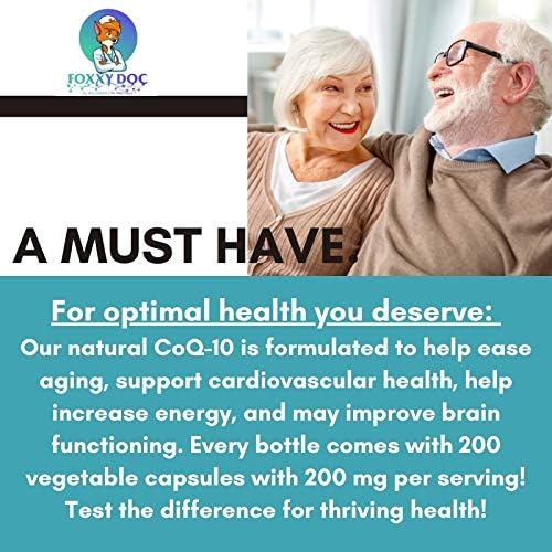 CoQ10 - Co-Enzyme Q10-200 mg -High Absorption - 400 mg per 2 caps - Non-GMO - Gluten Free - 200 Veg. Caps - Heart & Cellular Support - Made in USA by Foxxy Doc