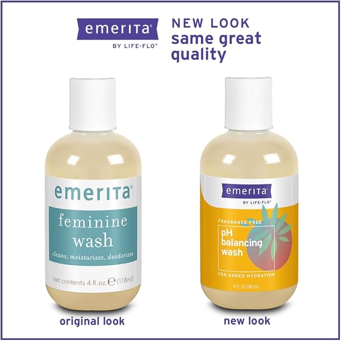 Emerita by Life-flo pH Balancing Feminine Wash, Hydrating Cleanser Soothes Delicate Areas, Fights Odor and Keeps You Feeling Fresh, Made Without Parabens, Fragrance Free, Not Tested on Animals, 4oz