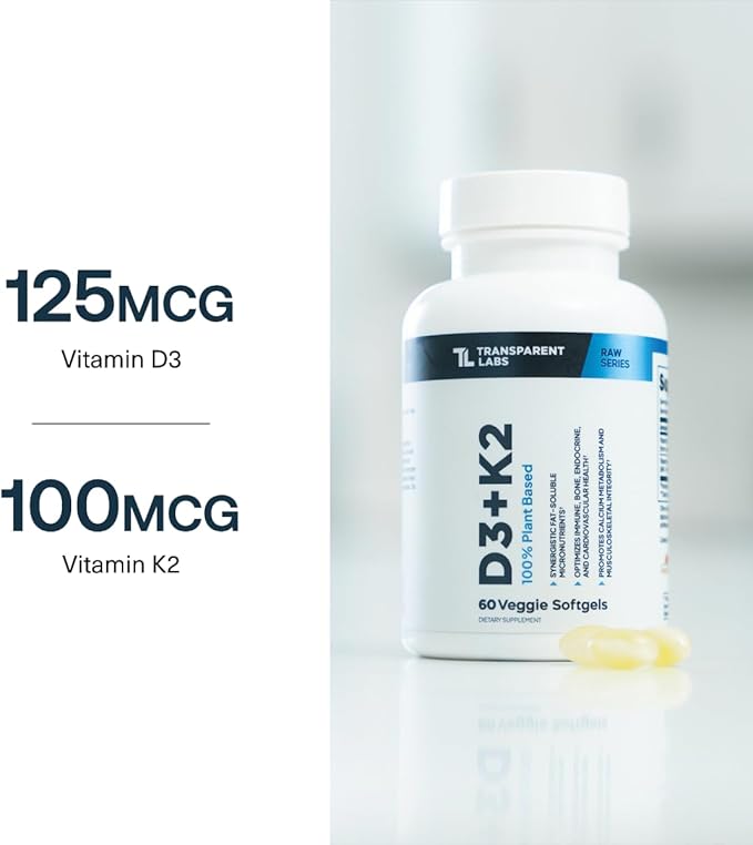 Transparent Labs Vitamin D3 K2 - Vitamin D & K2 Vitamin Supplement for Men & Women, Vegan-Friendly D3K2 5000 IU Supplements to Support Bone, Immune, and Overall Health - K2 D3 60 Capsules