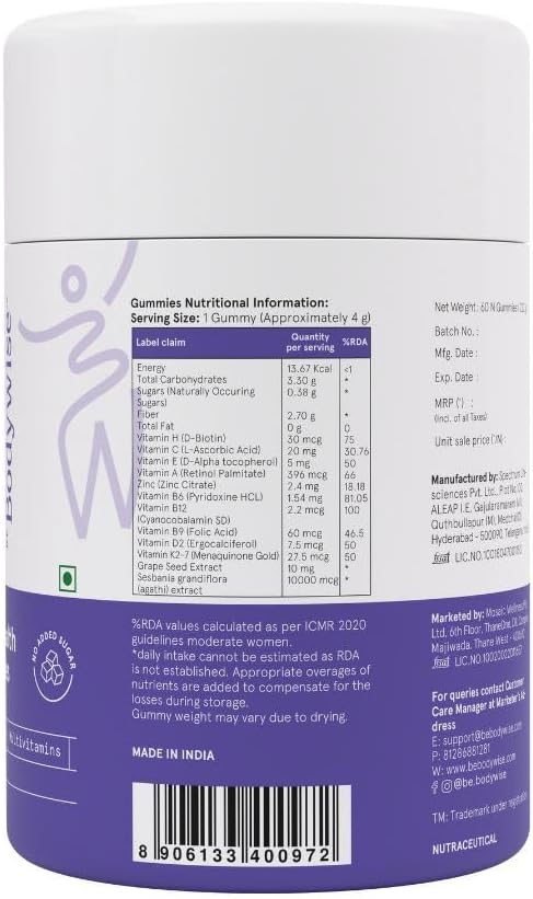 Be Bodywise Biotin Hair Growth Gummies for Women I Sugar Free I Hair Skin and Nails Vitamins I Biotin, Zinc, Folic Acid, Vitamin C, Keratin & Multivitamin I 100% Vegan, Gluten Free I 60 Day Pack