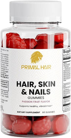 Hair, Skin and Nails Gummies with Biotin & Collagen - Vitamins A, C, D, E & Zinc - Passion Fruit Flavor - Supports Natural Glow & Healthy Growth - 60ct