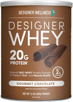 Designer Wellness, Designer Whey, Natural Whey Protein Powder with Probiotics, Fiber, and Key B-Vitamins for Energy, Gluten-Free, Gourmet Chocolate, 12oz