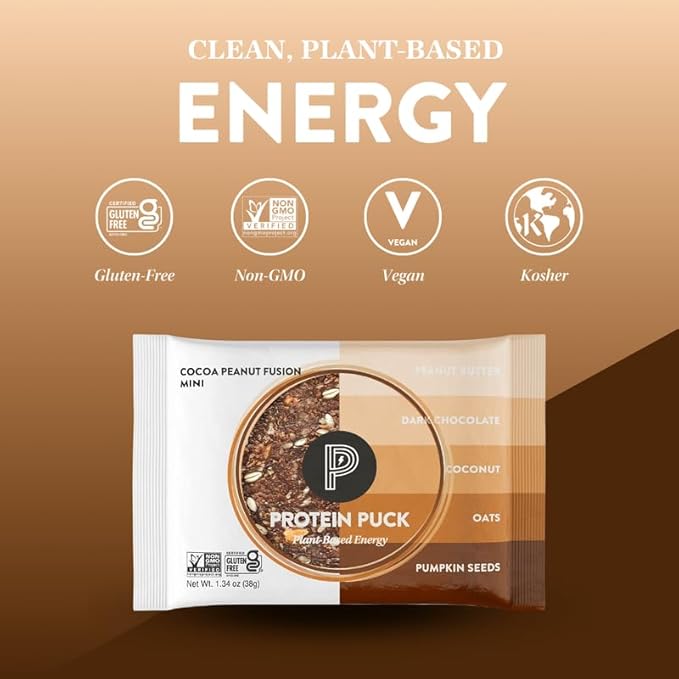 Protein Puck Vegan Plant based Protein Bar – Natural Healthy Snack Bars, 12 Count, 1.34oz Mini, Gluten Free, Dairy Free, No GMO, Kosher – Cocoa Peanut Fusion - Chocolate, Peanut Butter, Sport Nutrition
