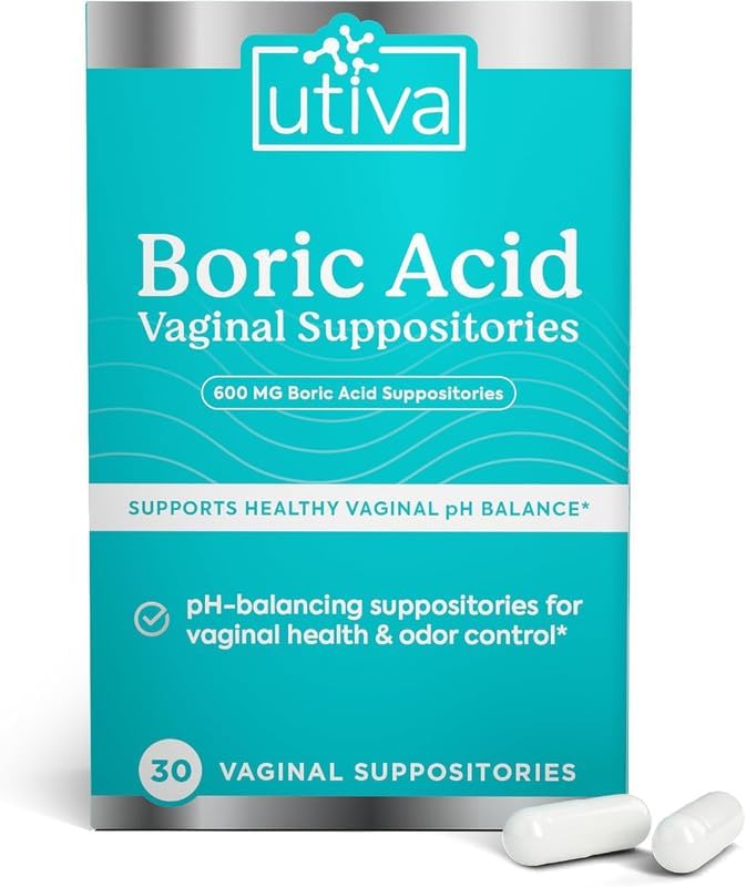 Szio+ Utiva Boric Acid Suppositories for Women - pH Balance - Feminine Care - 600mg Boric Acid to Lower pH and Support Vaginal Health, BV Treatment for Women, 30 Vaginal Suppositories