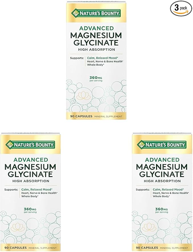 Nature's Bounty Calm Magnesium Glycinate Supplement - High Absorption Magnesium for Relaxed Mood, Heart & Bone Health, 90 Capsules (Pack of 3)