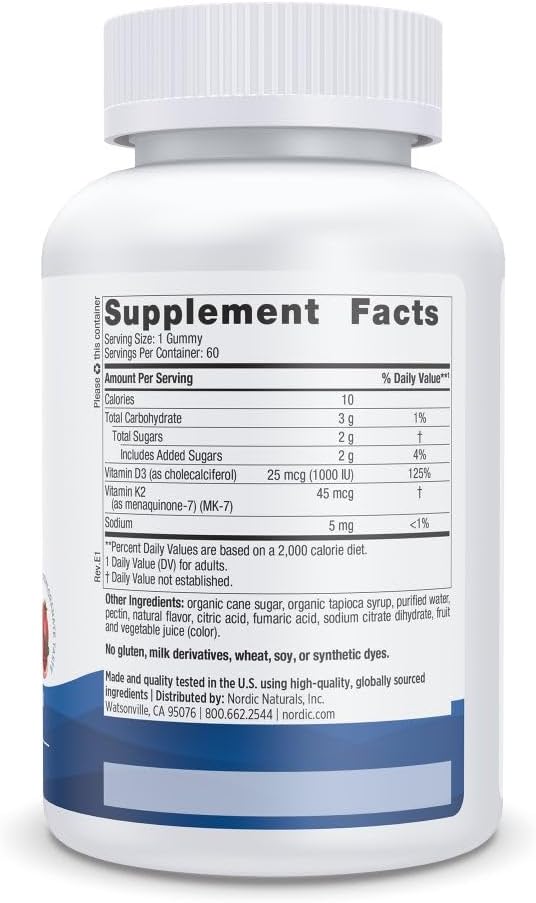 Nordic Naturals Vitamin D3 + K2 Gummies, Pomegranate - 60 Gummies - 1000 IU Vitamin D3 + 45 mcg K2 - Great Taste - Bone Health, Promotes Healthy Muscle Function - Non-GMO - 60 Servings