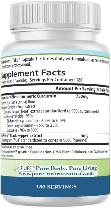 PURE® Turmeric Curcumin 750mg with BioPerine® - 180 Capsules, 6 Month Supply - High Absorption Joint Support & Anti-Inflammatory Supplement - 95% Curcuminoids Antioxidant Complex - Made in USA