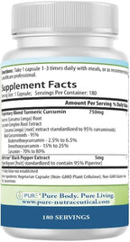 PURE® Turmeric Curcumin 750mg with BioPerine® - 180 Capsules, 6 Month Supply - High Absorption Joint Support & Anti-Inflammatory Supplement - 95% Curcuminoids Antioxidant Complex - Made in USA