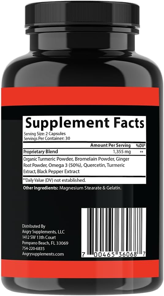 Angry Supplements Turmeric Ginger Maxx 60 Capsules w. Turmeric, Ginger Root, Omega 3, Bromelain, Quercetin & Black Pepper Extract – Wellness & Antioxidant for Men & Women (2-Bottles)