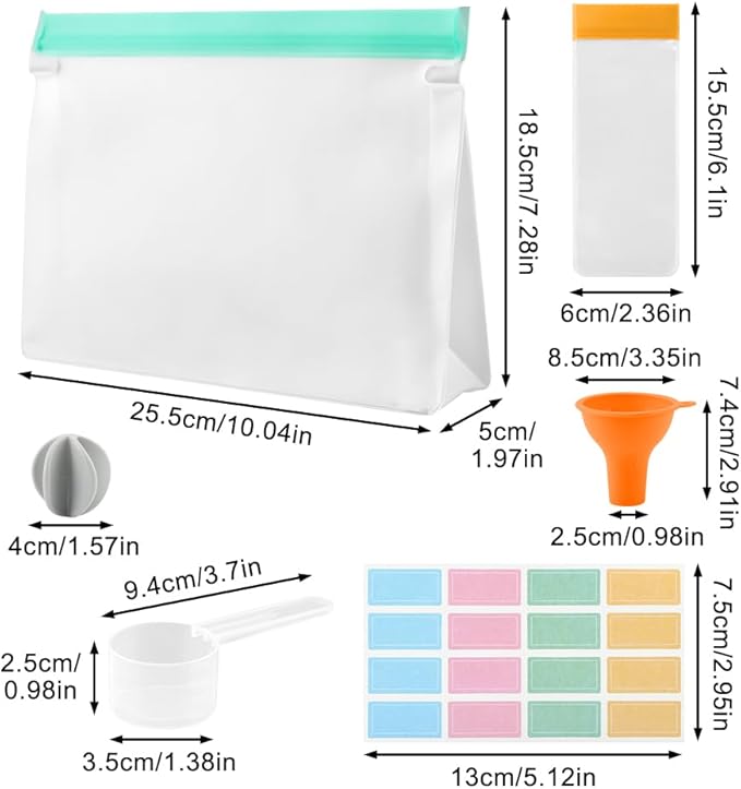 Protein Powder Travel Container Set, Reusable Powder Supplement Container To Go, 28Pcs Single Dose Bags & 4Pcs Large Zip Bags with Funnels, Spoons and Labels(COLOR:32 Pack)