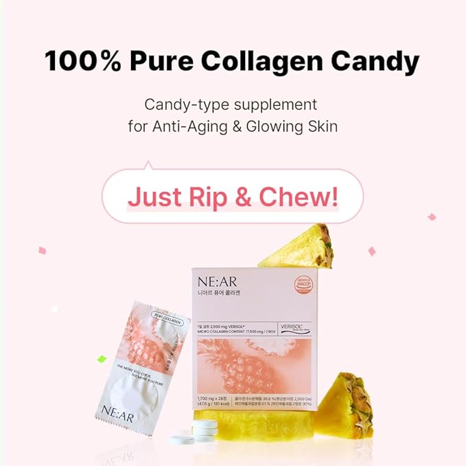 NE:AR Glow Collagen Chews – 2 500mg Peptides with Hyaluronic Acid & Vitamin C Tasty Easy Daily Support for Skin Hair Nails Pineapple Flavor