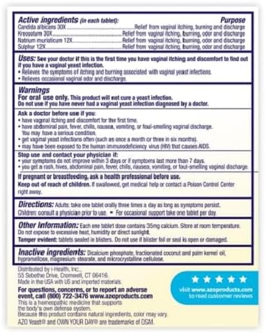 AZO Yeast Plus Dual Relief Tablets, Yeast Infection and Vaginal Symptom Relief, Relieves Vaginal Itching & Burning, 60 Count