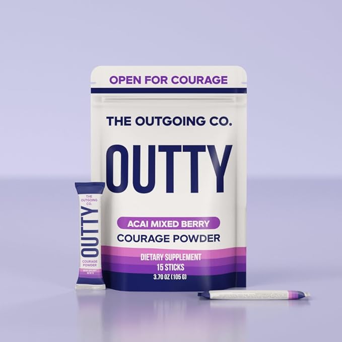 OUTTY Courage Powder Social Energy & Mood Support Drink Mix With Taurine, L-Theanine & Oroxylin A Stress Relief, Mental Clarity & Alcohol Alternative Acai Mixed Berry (15 Stick Packs)