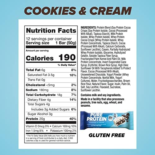 Pure Protein Cookies And Cream Protein Bars – 20g Protein, 3g Sugar, 190 Calories (12 count) Low Sugar* High Protein Snack - Gluten Free - Perfect for a Healthy Snack