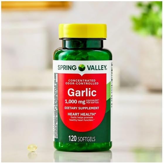 H4U Spring Valley Odor-Controlled Garlic Dietary Supplement Softgels for Heart Health, 1000 mg, 120 Count