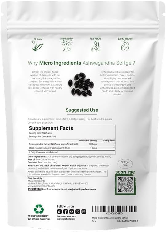 Micro Ingredients Ashwagandha Supplements | 300 Coconut MCT Oil Softgels with Black Pepper for Better Absorption | Potent Root Extract | Non-GMO