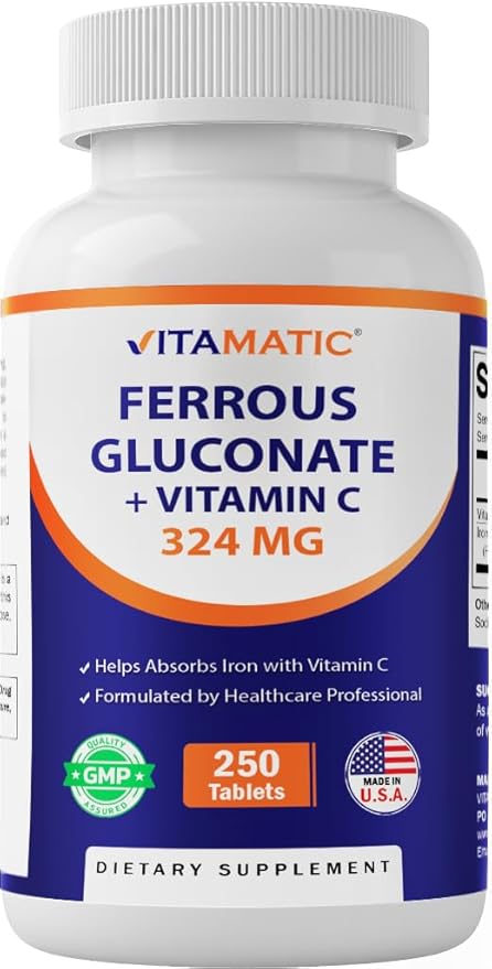 Vitamatic Ferrous Gluconate 324 mg + Vitamin C 100 mg - No Artificial Color Additives - Gentle on Stomach - 250 Tablets - Made in USA