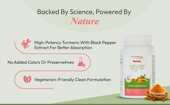 patanjali Nutrela Curcumin Gold+ with Salai Guggul & Black Pepper - 95% Curcuminoids Turmeric Supplement - Joint Support & Inflammation Relief - 120 Vegetarian Capsules