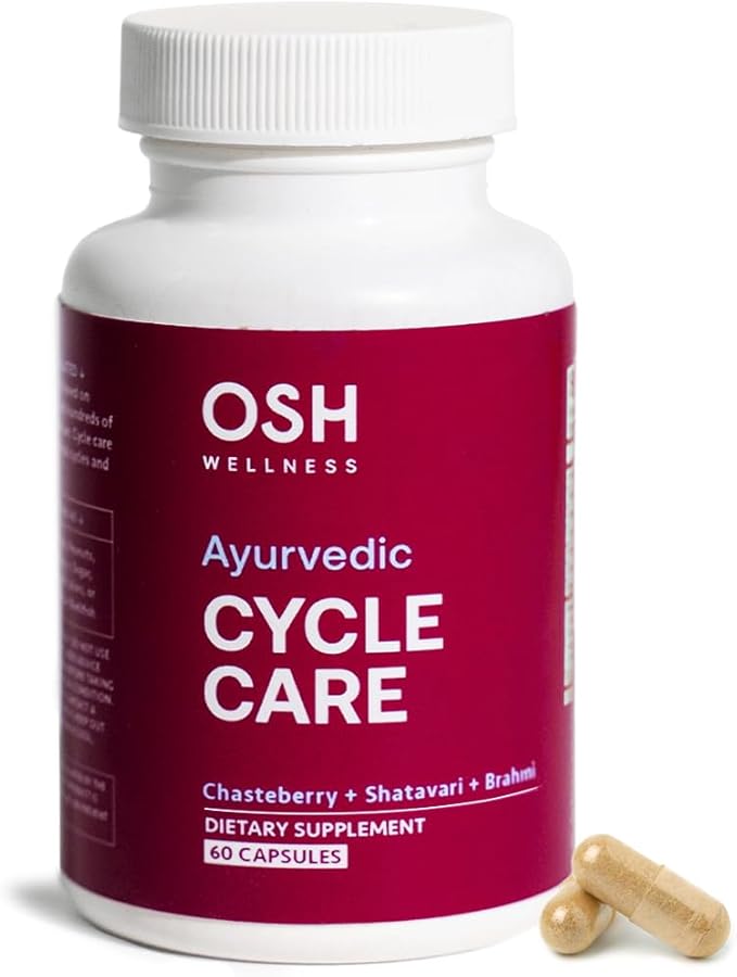 Osh Cycle Care – Natural Period Pain & Cramp Relief for Women | Hormonal Acne Support, Bloating & Mood Balance | Ayurvedic Supplement with Chasteberry, Shatavari & Borage Oil | 60 Capsules