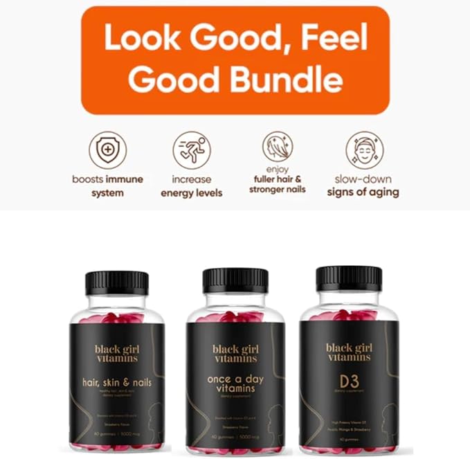 Black Girl Vitamins Look Good Feel Good Bundle – Hair Skin & Nails, Vitamin D3 2000IU & Once a Day Multivitamin - Women's Supplement Bundle – Energy, Immunity & Beauty Support