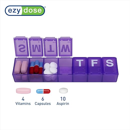EZY DOSE Weekly (7-Day) Pill Organizer, Medicine Planner, Vitamin Storage Box, Convenient and Easy to Use, Medium Compartments, Case for Supplements and Fish Oils, Travel Friendly, Purple, BPA Free