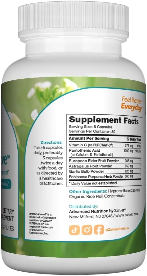 Zahler ImmunAbreve, Powerful Immune System Support, Contains Vitamin C Pantothenic Acid Echinacea and More, Certified Kosher (180 Capsules)