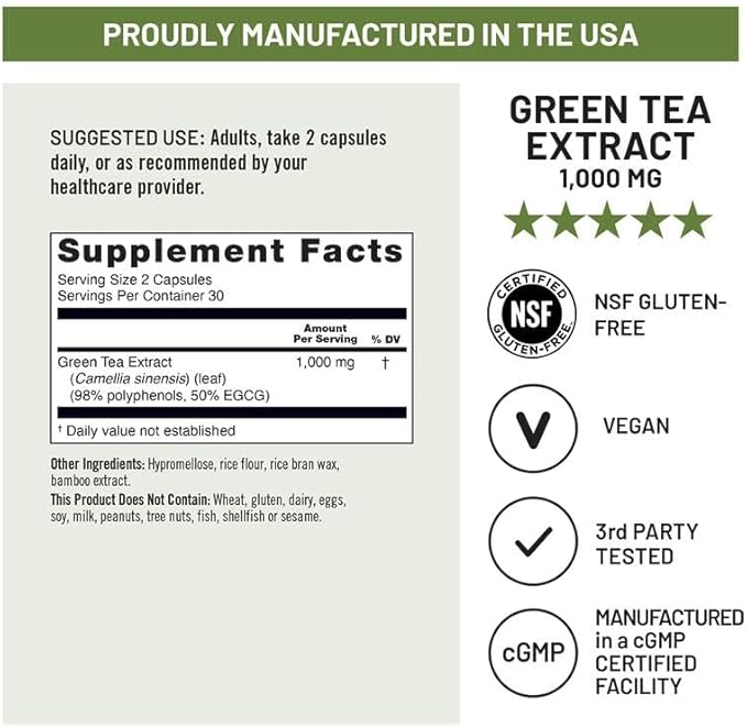 NatureWise Green Tea Extract Capsules 1000 mg - 50% EGCG & 98% Polyphenols - Extra Strength Green Tea Pills - Antioxidants for Heart Health & Energy - Vegan, Non-GMO - 60 Count[30-Day Supply]