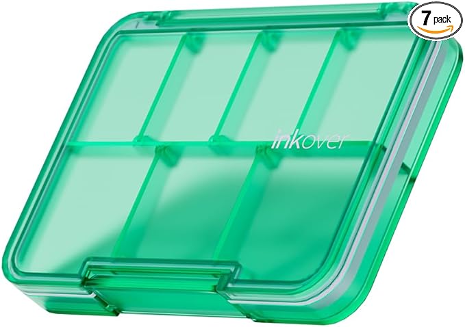 Small Pill Organizer, Waterproof & Portable Pill Case for Daily Travel - Adjustable 7 Compartments Compact Medicine Holder for Vitamins, Pills, Perfect for Purse or Pocket (Green)