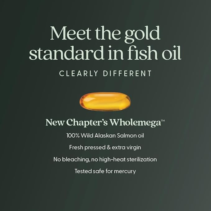 New Chapter Wholemega Fish Oil Supplement - 2000mg per Serving, Clinically Proven Wild Alaskan Salmon Oil with Omega-3 + Vitamin D3 + Astaxanthin, 180 Softgels