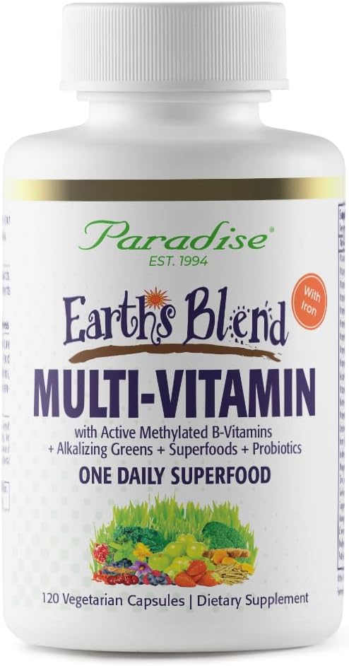 Paradise Herbs Earth's Blend Once Daily Multivitamin with Iron, 48 Organic Superfoods, Probiotics, Antioxidants, Vitamins A, B12, C, D, K2, 120 Capsules