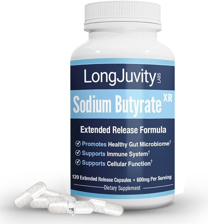 LongJuvity Sodium Butyrate Supplement (300mg) - Optimal Gut Health for Men & Women - Digestion Support & Leaky Gut Repair - Postbiotic Short Chain Fatty Acid, Lab Tested (120 Extended Release Caps)