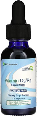 Nutra Biogenesis Vitamin D3/K2 Emulsion - Liquid Vitamin D Drops with MCT Oil, D3 K2 Supplement for Adults and Kids, Sublingual Oil Dropper for Women and Men - 1 Fl Oz Bottle (30 ml)