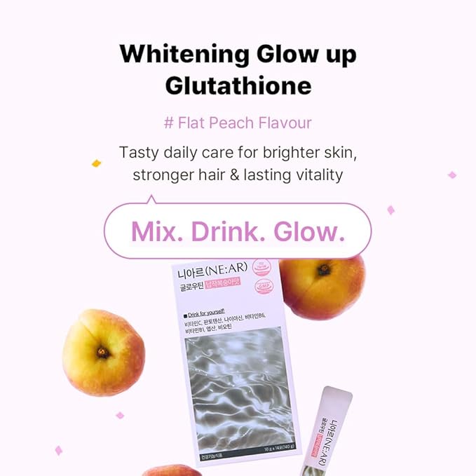 NE:AR Glow Boost Drink – 250mg Pure Glutathione + 500mg Vitamin C – Sugar-Free Beauty Powder for Skin Brightening & Hydration – Refreshing Flat Peach Flavor – Made in Korea