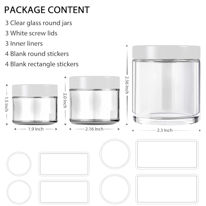 Tecohouse Glass Jar with Lids, 1 oz, 2 oz and 4 oz Glass Jars with Lids & Stickers, Reusable Travel Containers for Creams, Lotion, Cosmetic - 3 pack