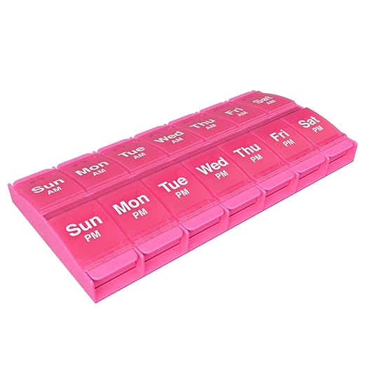 EZY DOSE Push Button (7-Day) Pill Case, Medicine Planner, Vitamin Organizer, 2 Times a Day, AM/PM Container, X-Large Compartments, Arthritis Friendly, Easy to Use, Transparent Lids, Pink, BPA Free