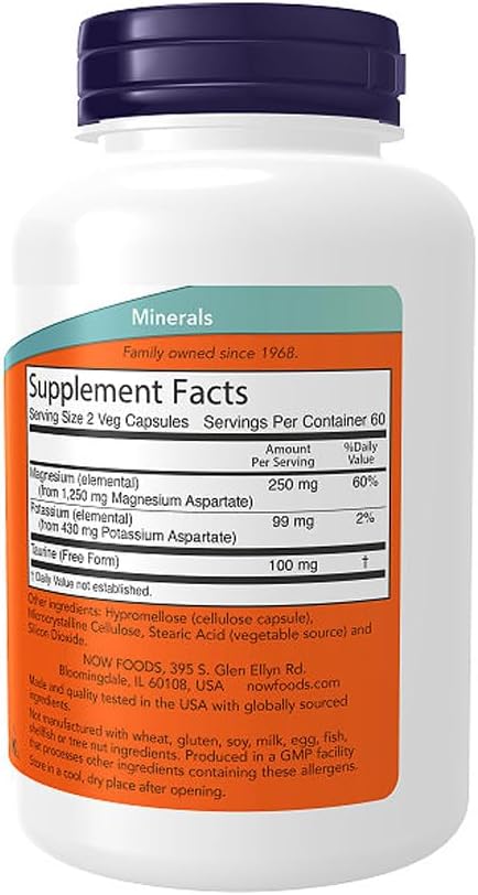 NOW Foods Supplements, Magnesium & Potassium Aspartate with Taurine, Heart Health*, 120 Veg Capsules,(Pack of 2)