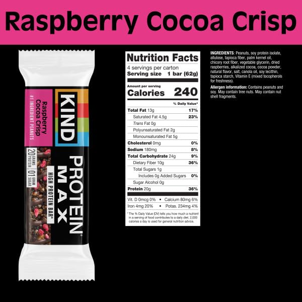 KIND Protein MAX, Raspberry Cocoa Crisp, 20g Protein, 1g Sugar, Low Sugar, High Protein Snack Bars, 4 Count (Pack of 2)