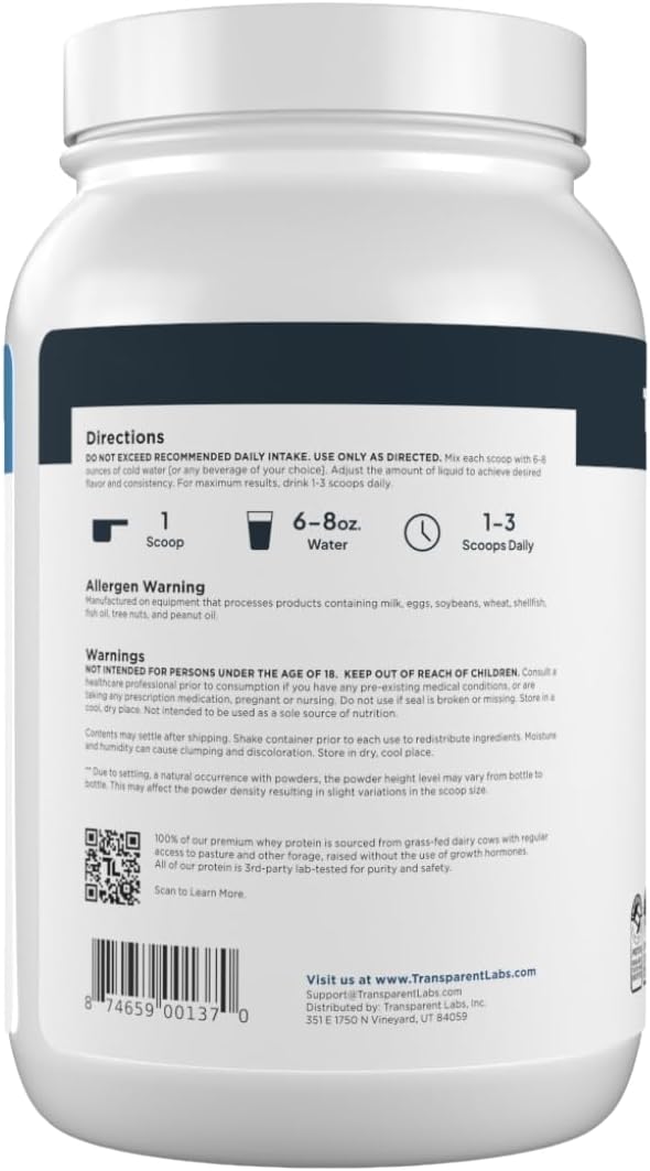Transparent Labs Grass-Fed Whey Protein Isolate - Naturally Flavored, Gluten Free Whey Protein Powder with 28g of Protein per Serving & 9 Amino Acids - 30 Servings, French Vanilla