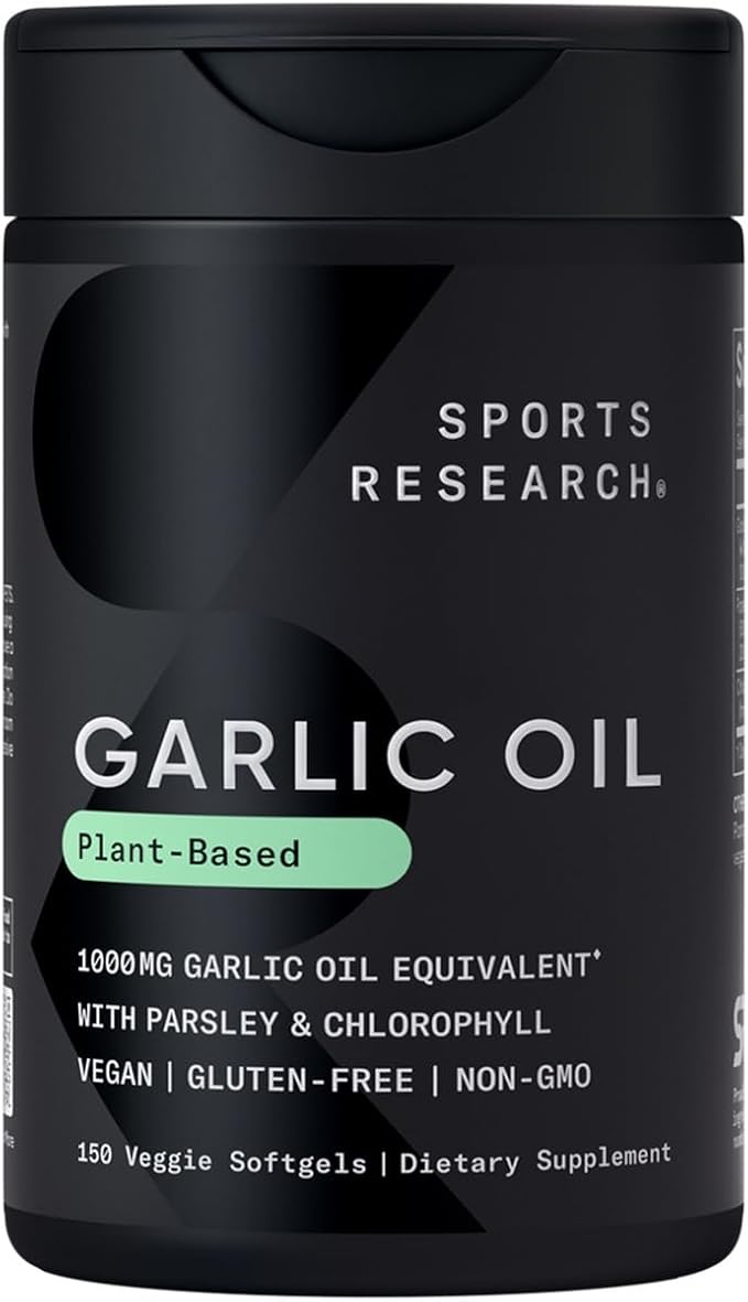 Sports Research® Odorless Garlic Oil Pills (1000mg) with Parsley & Chlorophyll - Vegan Certified · Non-GMO · Gluten Free - 150 Plantgel Capsules