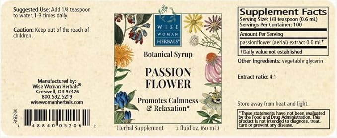Wise Woman Herbals Passionflower Botanical Syrup (Formerly Solid Extract) 4:1, Alcohol-Free Extra Strength, Sleep Aid, Eases Tension, Supports Calm Mood & Restful Sleep, Pure Non-GMO, 4 Fl Oz