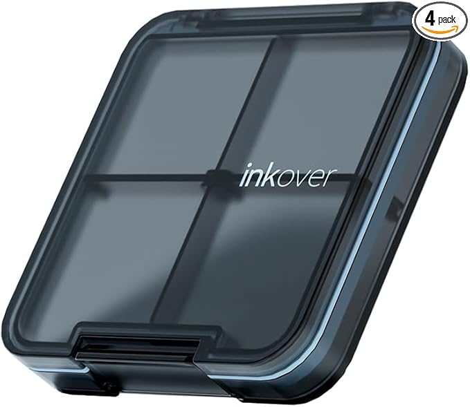 Small Pill Organizer, Waterproof & Portable Pill Case for Daily Travel - Adjustable 4 Compartments Compact Medicine Holder for Vitamins, Pills, Perfect for Purse or Pocket (Black)